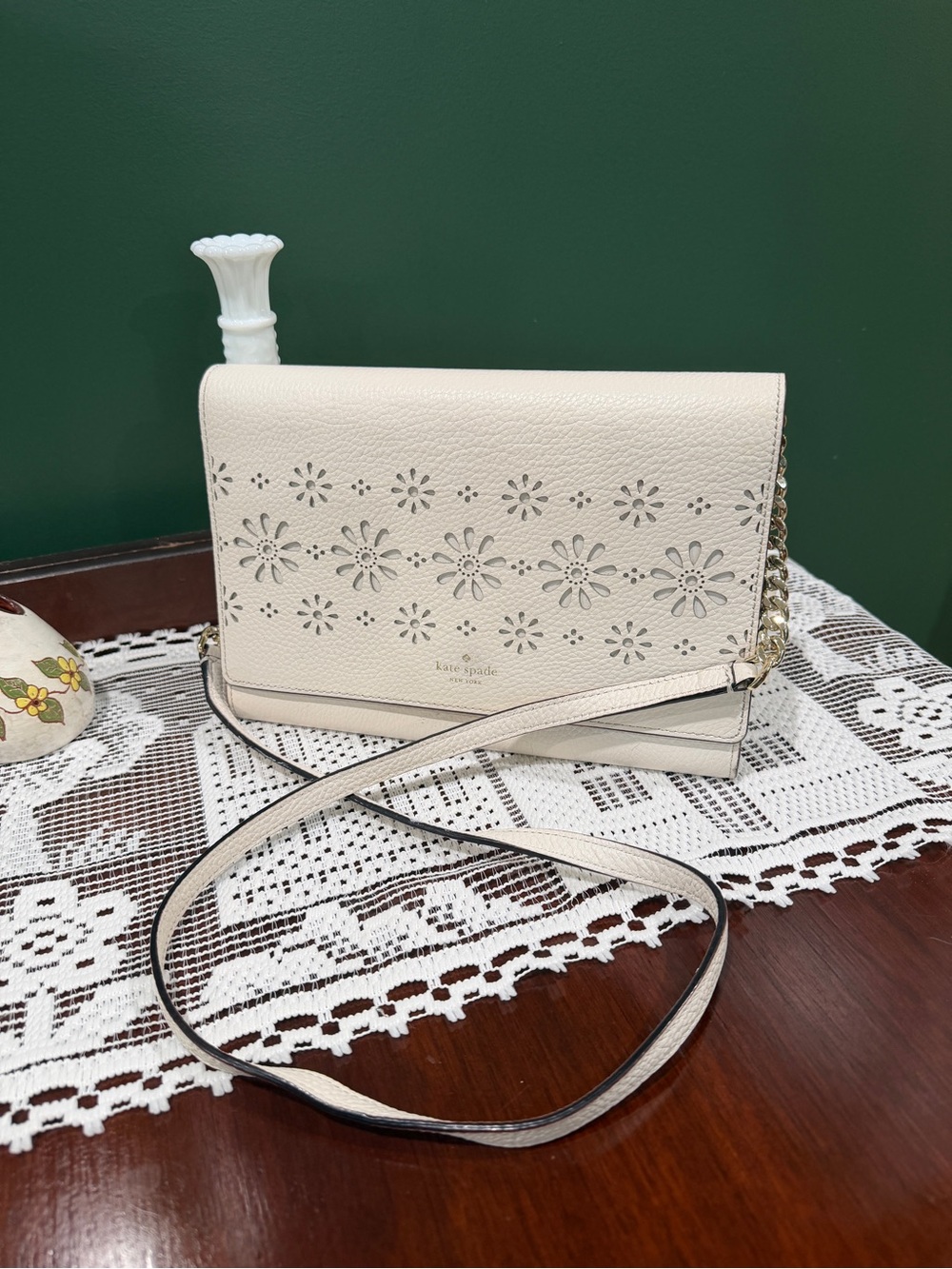 Kate Spade Floral Laser-Cut Crossbody with Gold Chain Accent